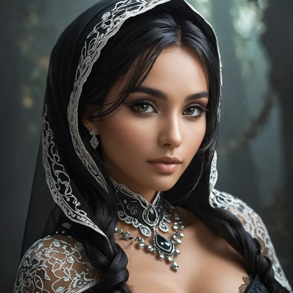 A beautiful veiled Nidalee wearing a lacy black veil, perfect face, Intricate, Half Body, Volumetric Lighting