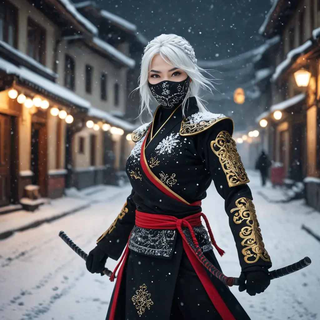 Mysterious beautiful white kunoichi ninja wearing black, red and gold in the streets of a dark snowy town in russia, Intricate Details, Bokeh effect, Photo Realistic, Volumetric Lighting by Stefan Kostic