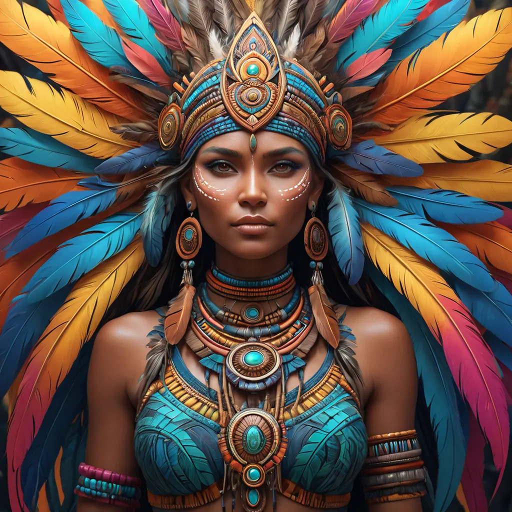 Visionary painting of a mystical tribal goddess surrounded by vibrant feathers, 8k, Highly Detailed, Intricate, Artstation, Matte Painting, Sharp Focus, Volumetric Lighting, Concept Art by Stanley Artgerm Lau, Greg Rutkowski