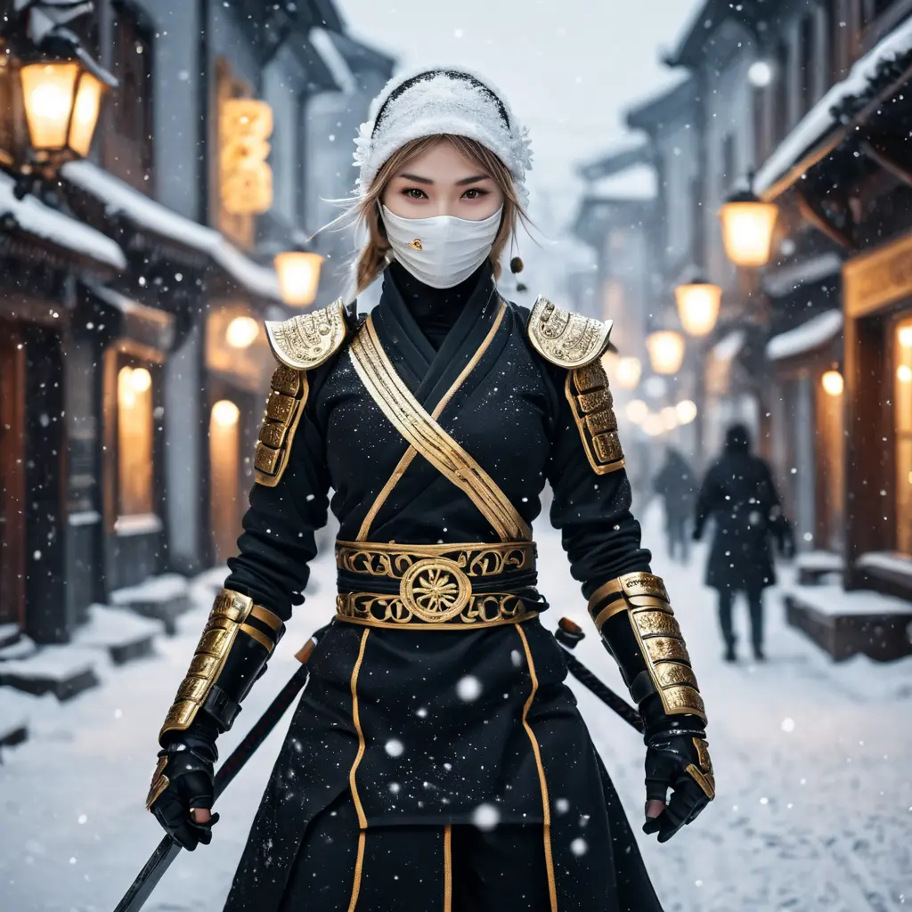 Mysterious beautiful white kunoichi ninja wearing black, red and gold in the streets of a dark snowy town in russia, Intricate Details, Bokeh effect, Photo Realistic, Volumetric Lighting by Stefan Kostic