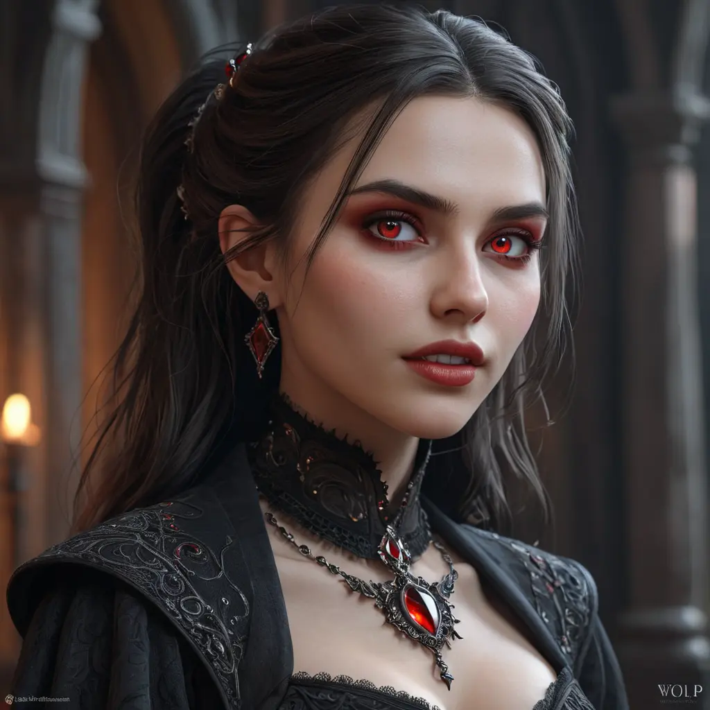 A beautiful romanian vampire woman with penetrating red bright eyes, long fangs, perfect face, 8k, Hyper Detailed, Intricate Details, Masterpiece, Contemporary, Full Body, Trending on Artstation, Gothic, Deviantart, Concept Art by WLOP