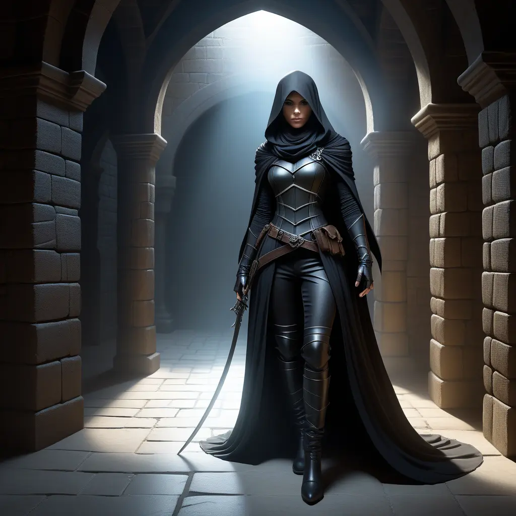 Full body matte portrait of a beautiful veiled armed female Assassin in a dungeon, Gothic and Fantasy, Volumetric Lighting, Fantasy, Threatening by Stanley Artgerm Lau