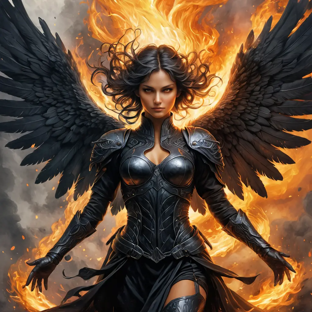 Dark Angel emerging from a firey fog of battle, ink splash, Highly Detailed, Vibrant Colors, Ink Art, Fantasy, Dark by Stanley Artgerm Lau