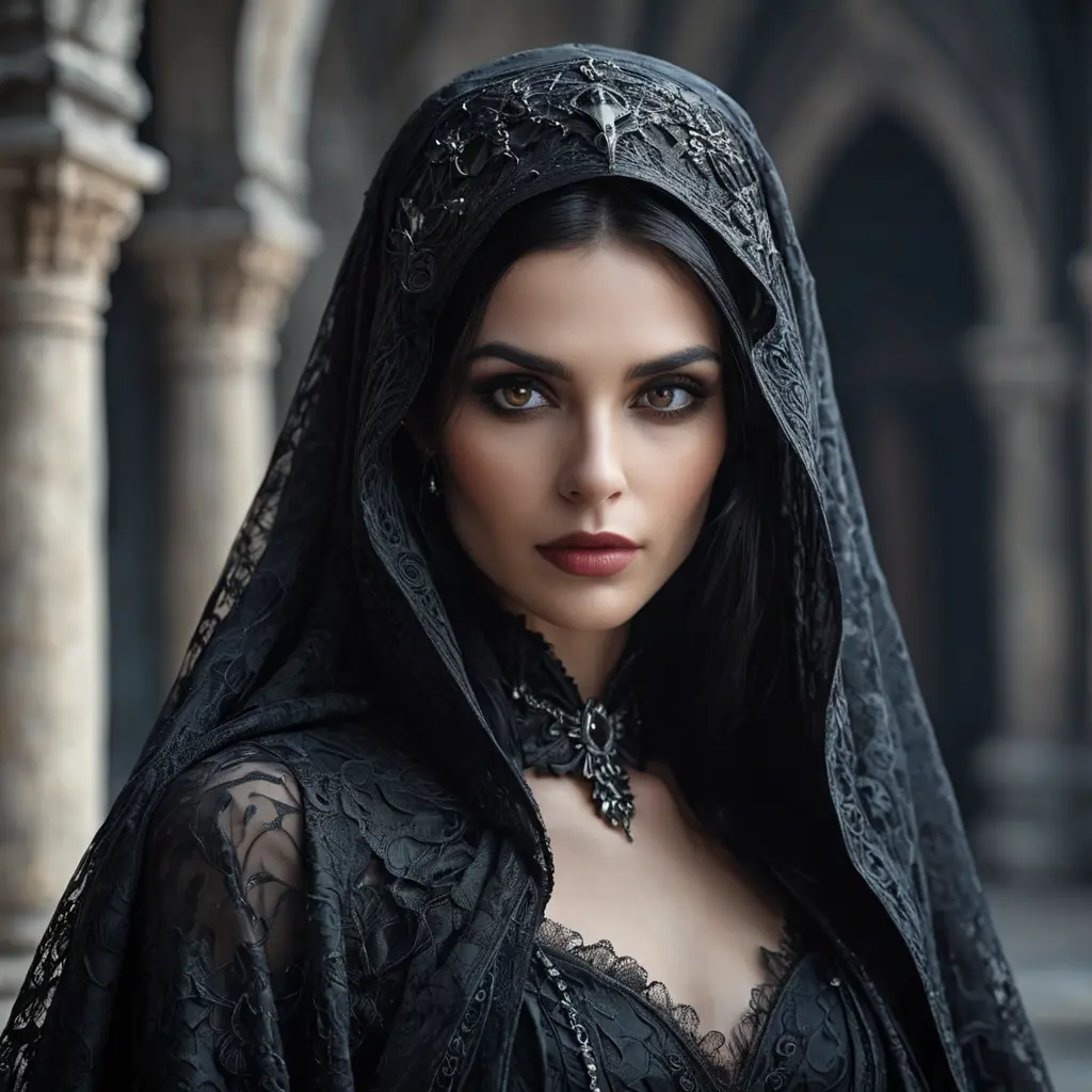 Alluring portrait of a beautiful raven black haired veiled vampire in the style of Stefan Kostic, 8k, High Definition, Highly Detailed, Intricate, Half Body, Realistic, Sharp Focus, Fantasy, Elegant