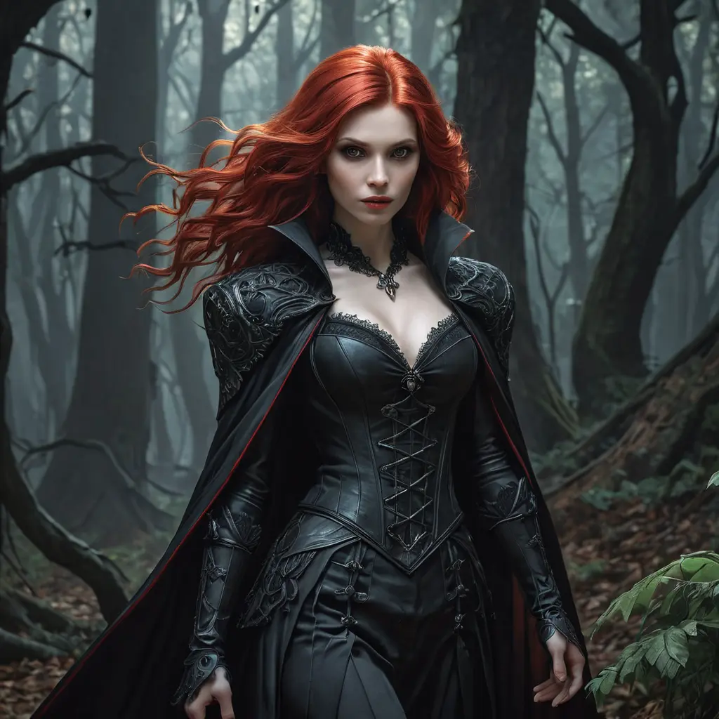 Red haired vampire in a haunted forest, Highly Detailed, Intricate, Gothic, Volumetric Lighting, Fantasy, Dark by Stanley Artgerm Lau