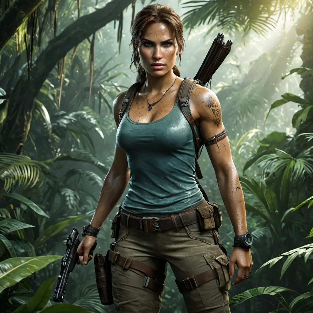 Full body portrait of a beautiful armed Lara Croft emerging from the jungle, Highly Detailed, Intricate, Sharp Focus, Volumetric Lighting, Fantasy, Elegant, Threatening by Greg Rutkowski