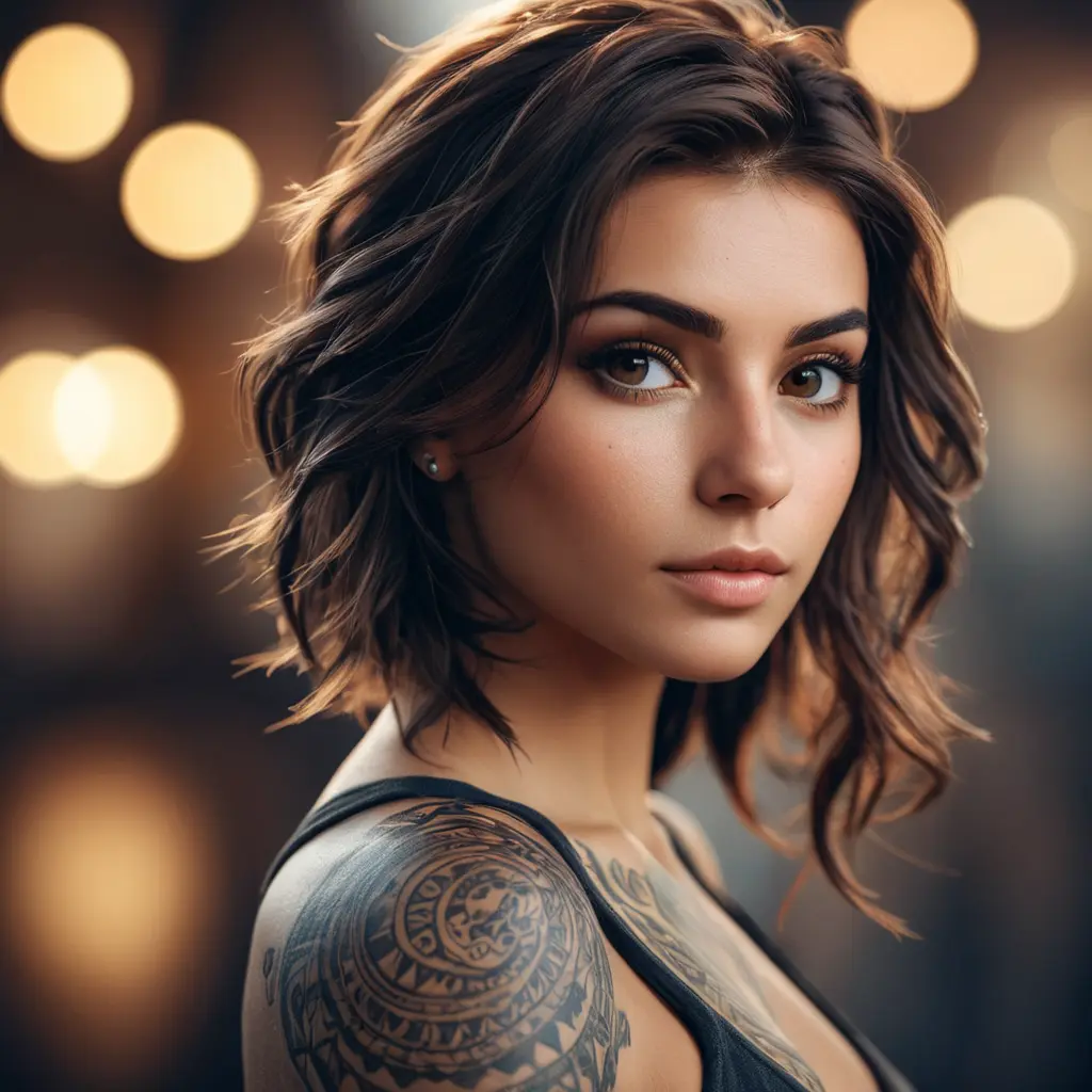 A half body portrait of a beautiful Kassandra with tattoos, Alluring, Half Body, Bokeh effect, Photo Realistic, Sharp Focus, Volumetric Lighting