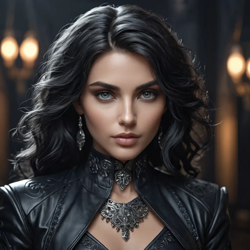 Alluring matte portrait of the beautiful goddess Selene in black leather, Highly Detailed, Intricate, Realistic, Sharp Focus, Volumetric Lighting, Fantasy, Elegant