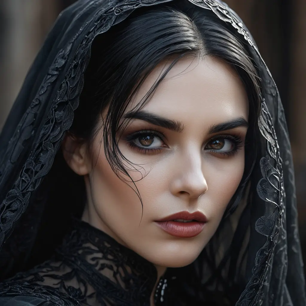 Alluring portrait of a beautiful raven black haired veiled vampire in the style of Stefan Kostic, 8k, High Definition, Highly Detailed, Intricate, Half Body, Realistic, Sharp Focus, Fantasy, Elegant