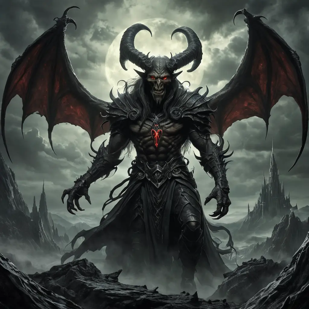 The devil in an Elden ring hellscape, Eldritch, Fantasy, Apocalyptic, Doom, Dreadful, Forbidding, Frightful, Harrowing, Ominous, Shocking, Terrifying, Threatening, Unnerving