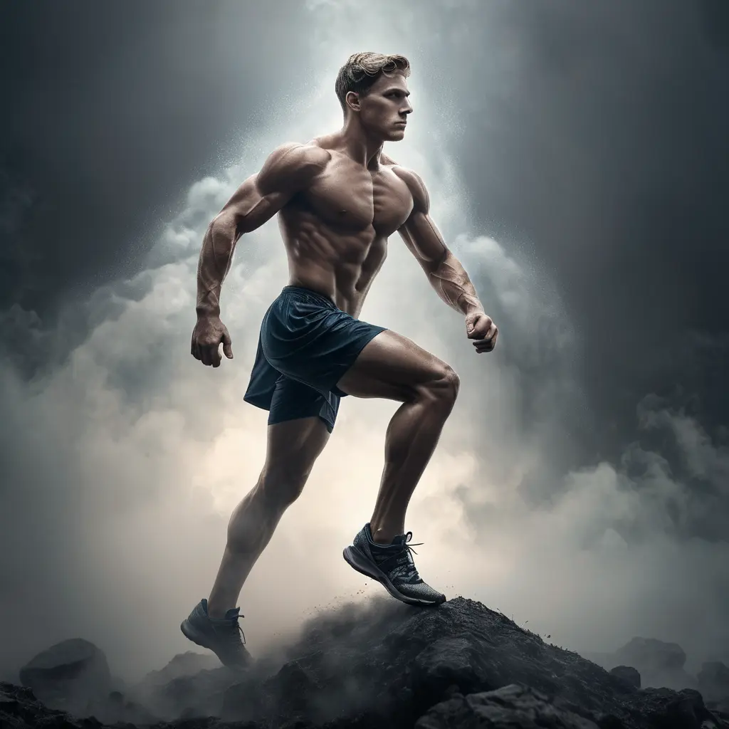 Matte portrait of an athletic Achilles emerging from the fog of war, Intricate Details, Bokeh effect, Photo Realistic, Volumetric Lighting by Greg Rutkowski