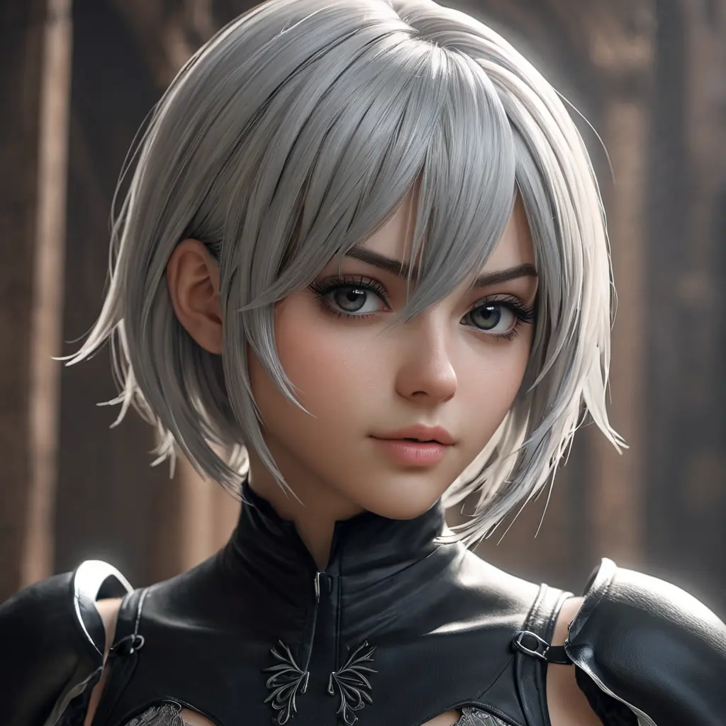 Alluring matte portrait of a beautiful 2B from Nier Automata wearing black leather, 8k, Highly Detailed, Intricate, Half Body, Realistic, Sharp Focus, Volumetric Lighting, Fantasy, Elegant by Stanley Artgerm Lau, WLOP