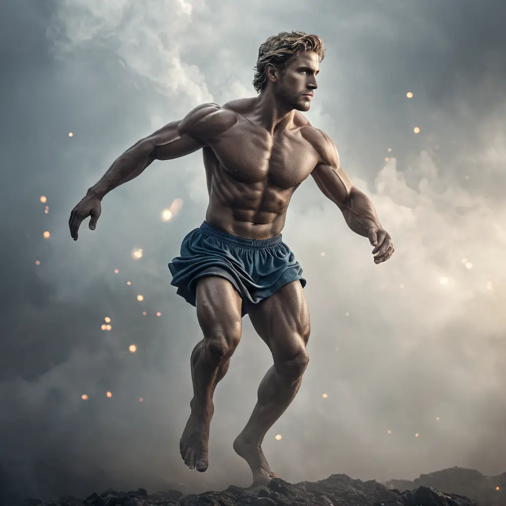 Matte portrait of an athletic Achilles emerging from the fog of war, Intricate Details, Bokeh effect, Photo Realistic, Volumetric Lighting by Greg Rutkowski