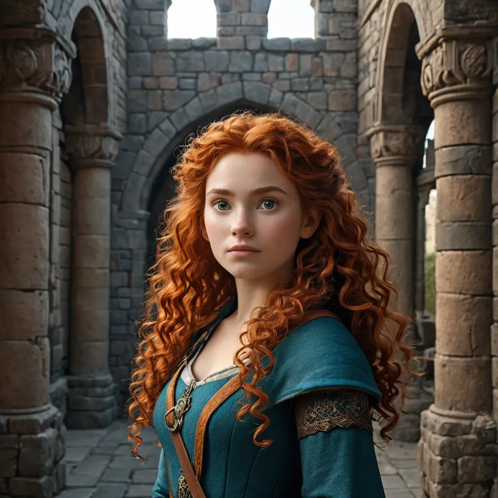 Matte portrait of Disney's Merida of DunBroch inside a castle, Ultra Detailed, Half Body, Beautiful, Matte Painting, Sharp Focus, Portrait, Fantasy by Stefan Kostic