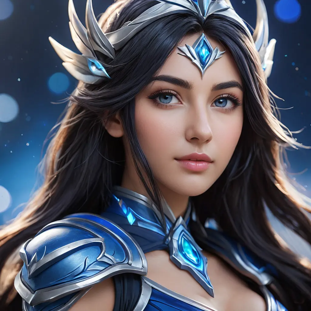 Alluring portrait of a beautiful Irelia from League of Legends in Blue, Highly Detailed, Half Body, Bokeh effect, Photo Realistic, Sharp Focus by Stefan Kostic