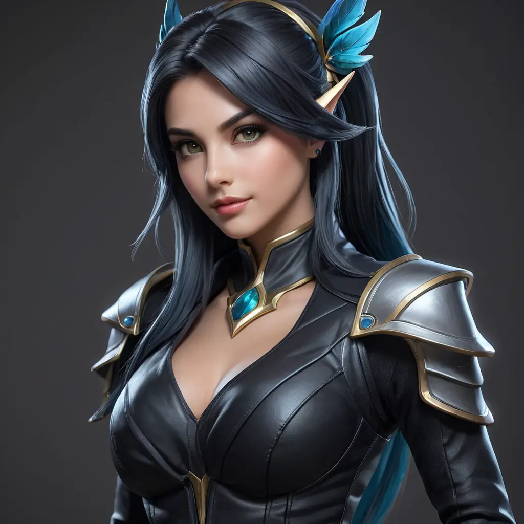 Alluring matte portrait of a beautiful Sona from League of Legends in black leather, 8k, Half Body, Realistic, Volumetric Lighting, Fantasy by Stanley Artgerm Lau, WLOP