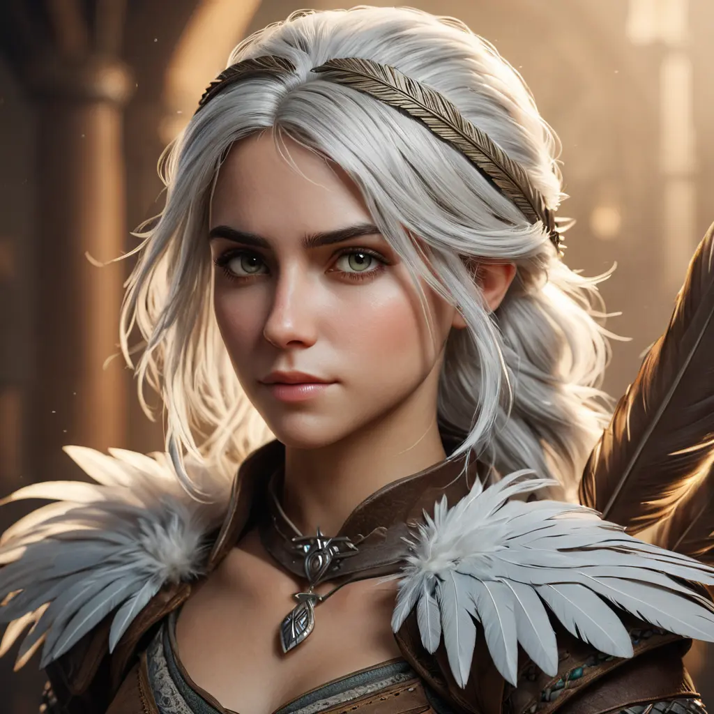 Matte portrait of the beautiful Ciri with feathers, Highly Detailed, Intricate, Realistic, Sharp Focus, Volumetric Lighting, Fantasy, Elegant