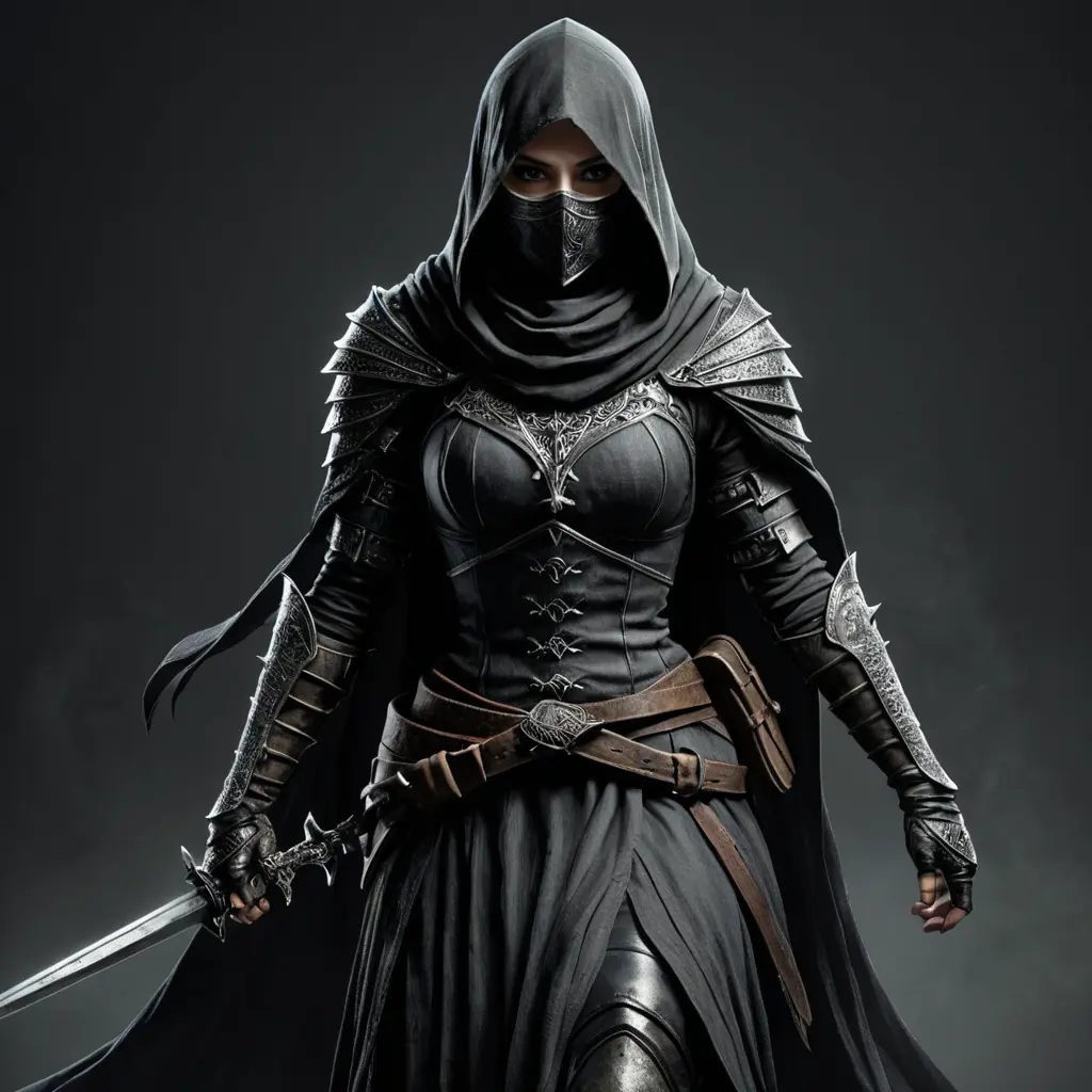 Full body portrait of a Veiled female Assassin with daggers, Highly Detailed, Dark Souls, Volumetric Lighting, Fantasy, Threatening