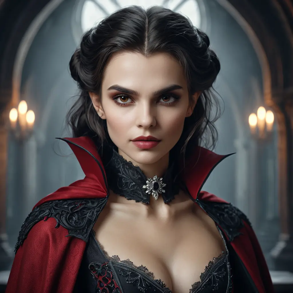 Alluring highly detailed matte portrait of a beautiful caped vampire in the style of Stefan Kostic, 8k, High Definition, Highly Detailed, Intricate, Half Body, Realistic, Sharp Focus, Fantasy, Elegant