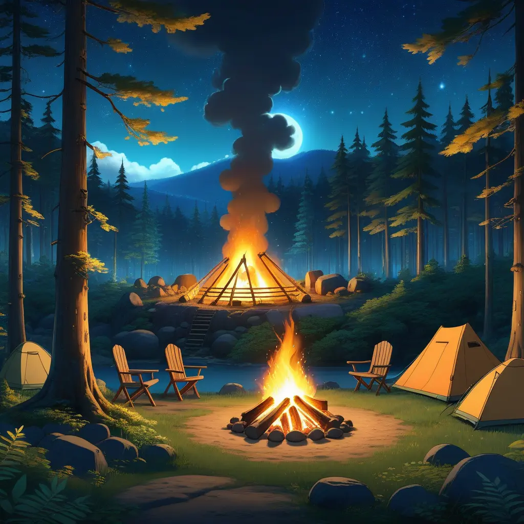 matte painting of a camp fire in the forest at night, Highly Detailed, Beautiful, Digital Painting, Anime, Fantasy by Studio Ghibli