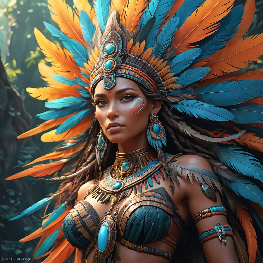 Visionary painting of a mystical tribal goddess surrounded by vibrant feathers, 8k, Highly Detailed, Intricate, Artstation, Matte Painting, Sharp Focus, Volumetric Lighting, Concept Art by Stanley Artgerm Lau, Greg Rutkowski