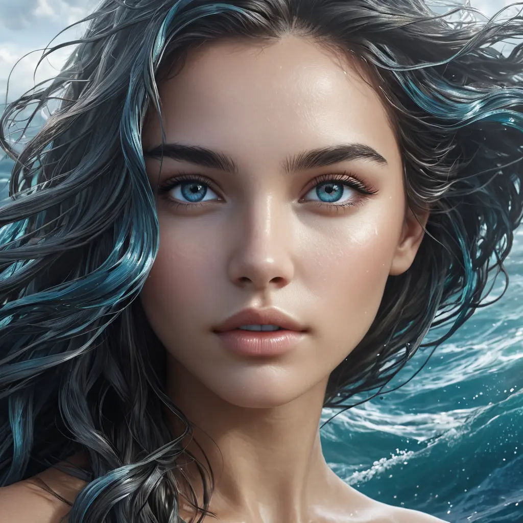 "magical ocean goddess", water, spray, waves, flowing hair, head and shoulders portrait, finely drawn eyes, 8k, Fantasy