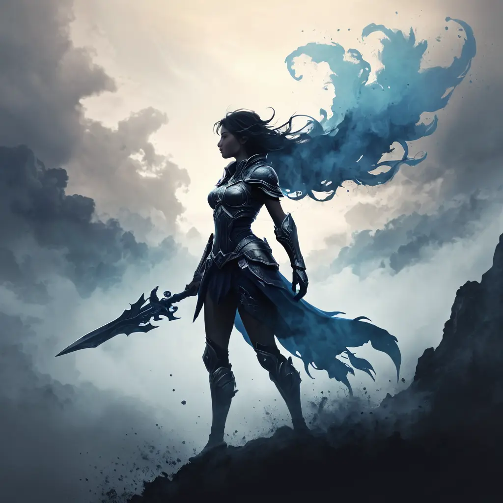 Silhouette of Irelia emerging from the fog of war, ink splash, Highly Detailed, Vibrant Colors, Fantasy, Dark by Stefan Kostic