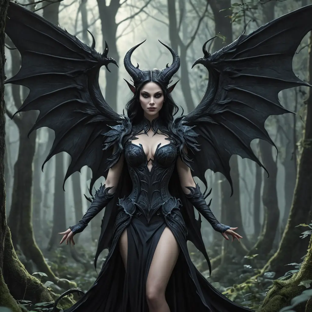 Winged succubus in a haunted forest, Highly Detailed, Intricate, Gothic, Volumetric Lighting, Fantasy, Dark by Stanley Artgerm Lau