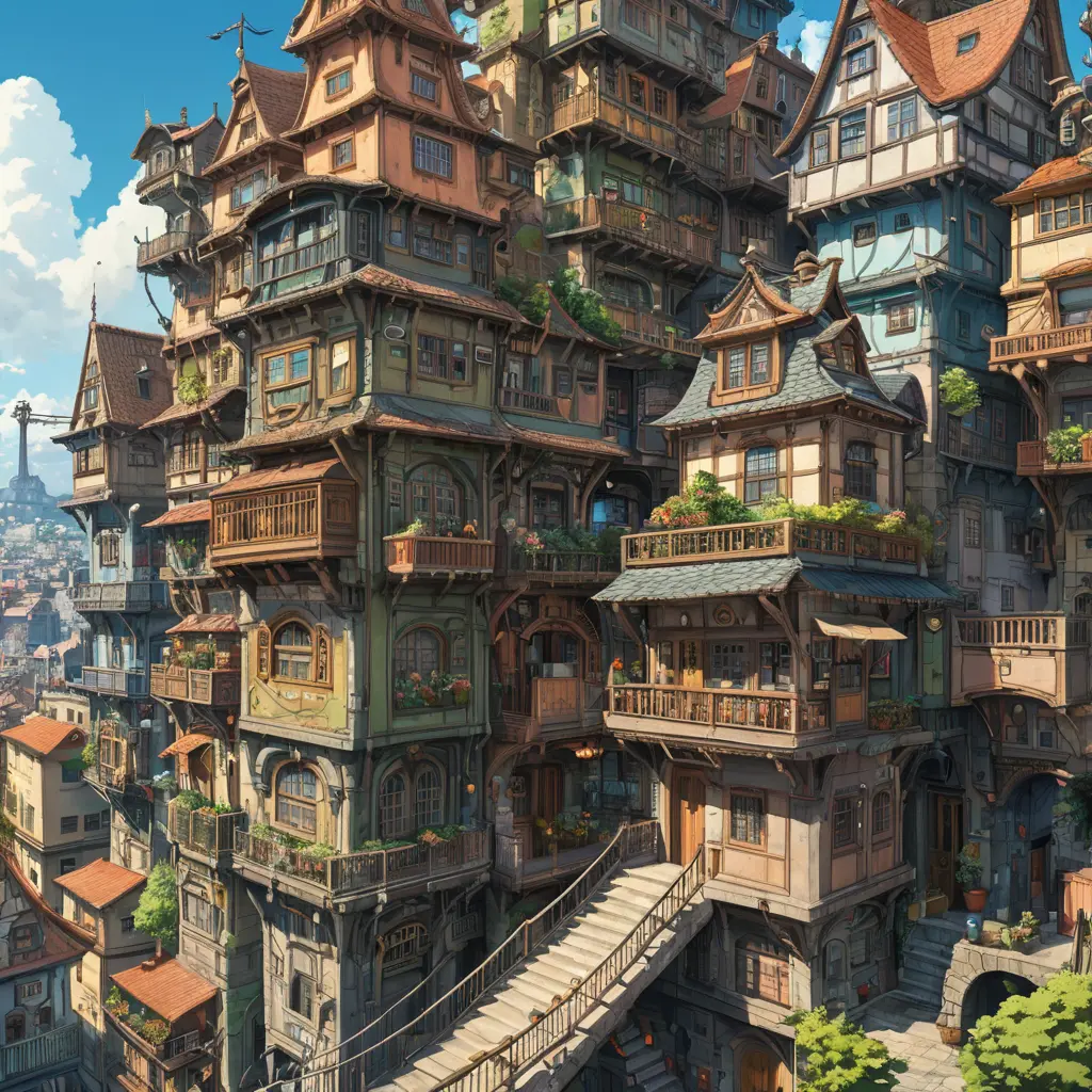 Buildings and homes of a maximalism fantasy city, Highly Detailed, Beautiful, Digital Painting, Anime, Fantasy by Studio Ghibli