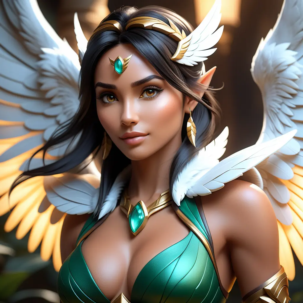 Alluring matte portrait of a beautiful Nidalee with wings, 8k, Highly Detailed, Intricate, Half Body, Realistic, Sharp Focus, Volumetric Lighting, Fantasy, Elegant by Stanley Artgerm Lau, WLOP