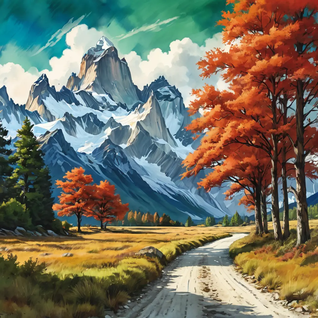 painting of evening sky, low thunder clouds foothpath with trees at indian summer with zugspitze fitz roy in background, colours green, red, blue black and white, acuarela, Highly Detailed, Beautiful, Digital Painting, Anime, Fantasy by Studio Ghibli