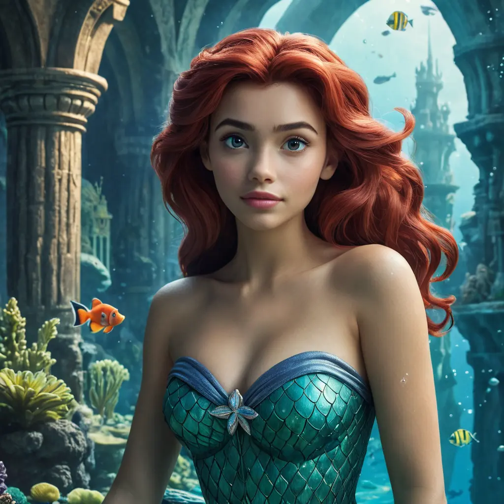 Matte portrait of Disney's Ariel in the under water city of Atlantis, Ultra Detailed, Half Body, Beautiful, Matte Painting, Sharp Focus, Portrait, Fantasy