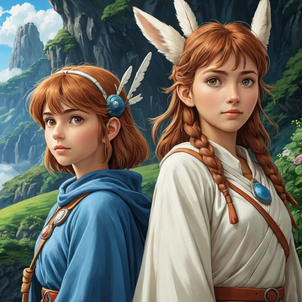 princess nausicaa and princess mononoke, Highly Detailed, Beautiful, Digital Painting, Anime, Fantasy by Studio Ghibli