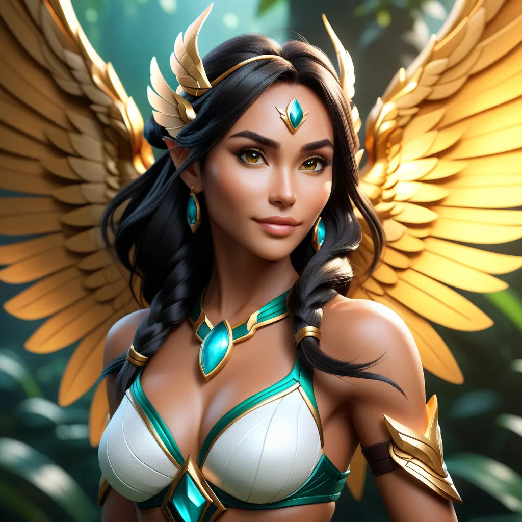 Alluring matte portrait of a beautiful Nidalee with wings, 8k, Highly Detailed, Intricate, Half Body, Realistic, Sharp Focus, Volumetric Lighting, Fantasy, Elegant by Stanley Artgerm Lau, WLOP