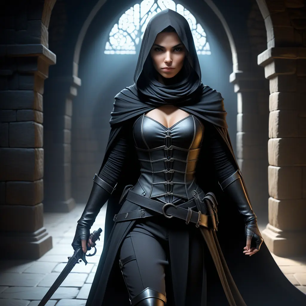 Full body matte portrait of a beautiful veiled armed female Assassin in a dungeon, Gothic and Fantasy, Volumetric Lighting, Fantasy, Threatening by Stanley Artgerm Lau