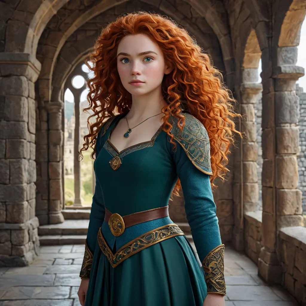 Matte portrait of Disney's Merida of DunBroch inside a castle, Ultra Detailed, Half Body, Beautiful, Matte Painting, Sharp Focus, Portrait, Fantasy by Stefan Kostic