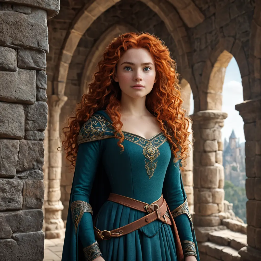 Matte portrait of Disney's Merida of DunBroch inside a castle, Ultra Detailed, Half Body, Beautiful, Matte Painting, Sharp Focus, Portrait, Fantasy by Stefan Kostic