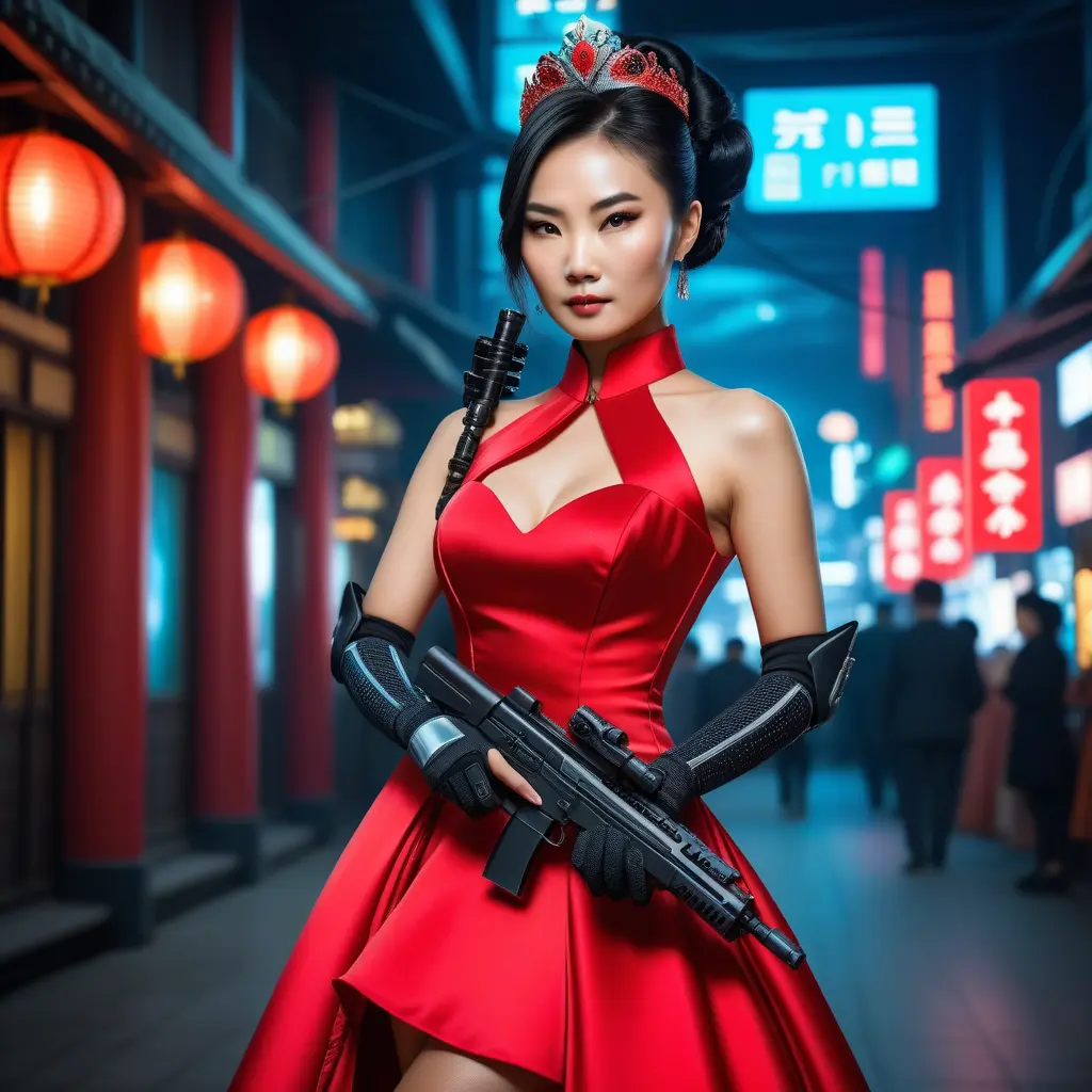 A dangerously armed asian feme fatale in silk red dress at a masquerade ball, Cybernatic and Sci-Fi, Cyberpunk, Sci-Fi