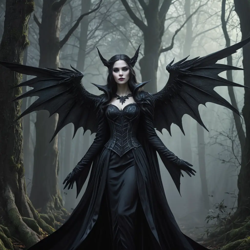 Winged vampiress in a haunted forest, Highly Detailed, Intricate, Gothic, Volumetric Lighting, Fantasy, Dark by Stanley Artgerm Lau