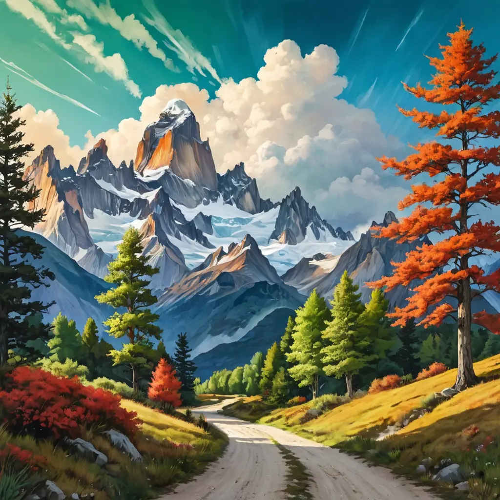 painting of evening sky, low thunder clouds foothpath with trees at indian summer with zugspitze fitz roy in background, colours green, red, blue black and white, acuarela, Highly Detailed, Beautiful, Digital Painting, Anime, Fantasy by Studio Ghibli