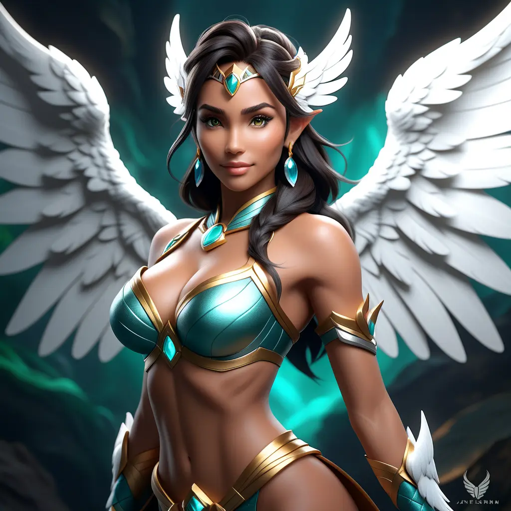 Alluring matte portrait of a beautiful Nidalee with wings, 8k, Highly Detailed, Intricate, Half Body, Realistic, Sharp Focus, Volumetric Lighting, Fantasy, Elegant by Stanley Artgerm Lau, WLOP