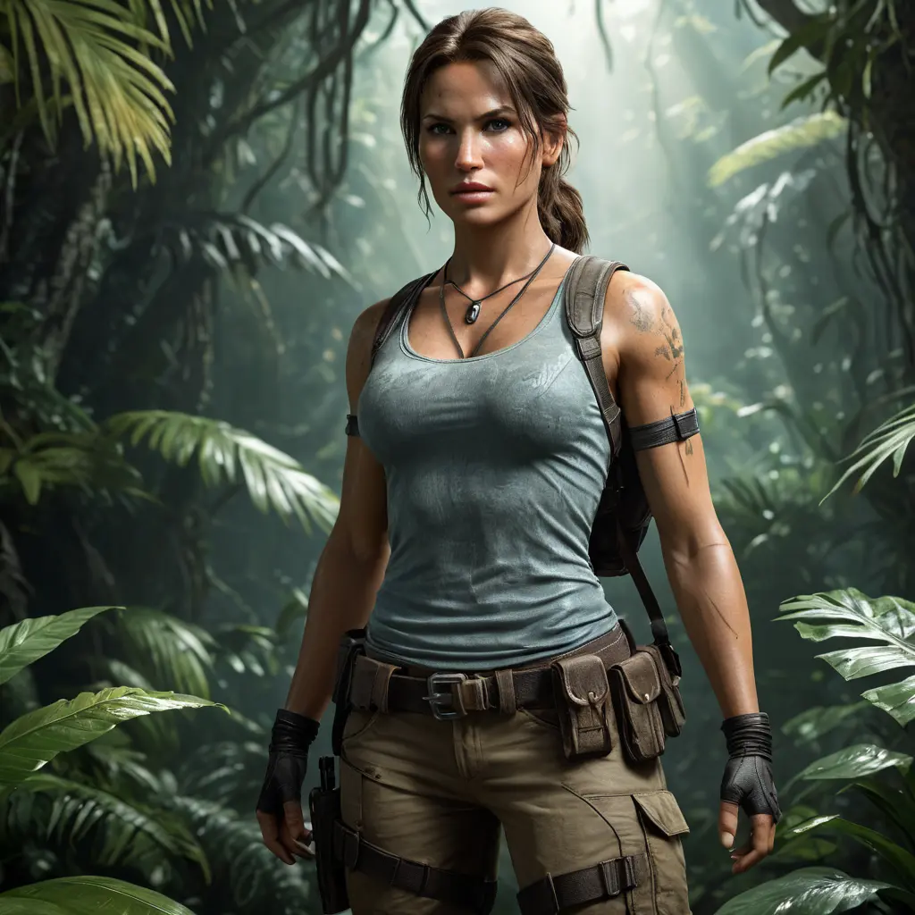 Full body portrait of a beautiful armed Lara Croft emerging from the jungle, Highly Detailed, Intricate, Sharp Focus, Volumetric Lighting, Fantasy, Elegant, Threatening by Greg Rutkowski