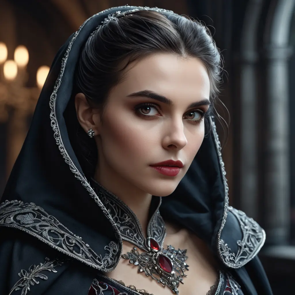 Alluring highly detailed matte portrait of a beautiful caped vampire in the style of Stefan Kostic, 8k, High Definition, Highly Detailed, Intricate, Half Body, Realistic, Sharp Focus, Fantasy, Elegant