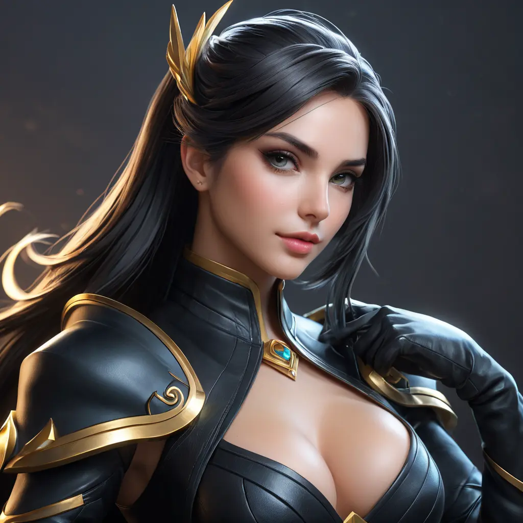 Alluring matte portrait of a beautiful Sona from League of Legends in black leather, 8k, Half Body, Realistic, Volumetric Lighting, Fantasy by Stanley Artgerm Lau, WLOP