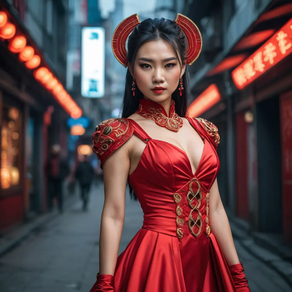 A dangerously armed asian feme fatale in silk red dress at a masquerade ball, Cybernatic and Sci-Fi, Cyberpunk, Sci-Fi