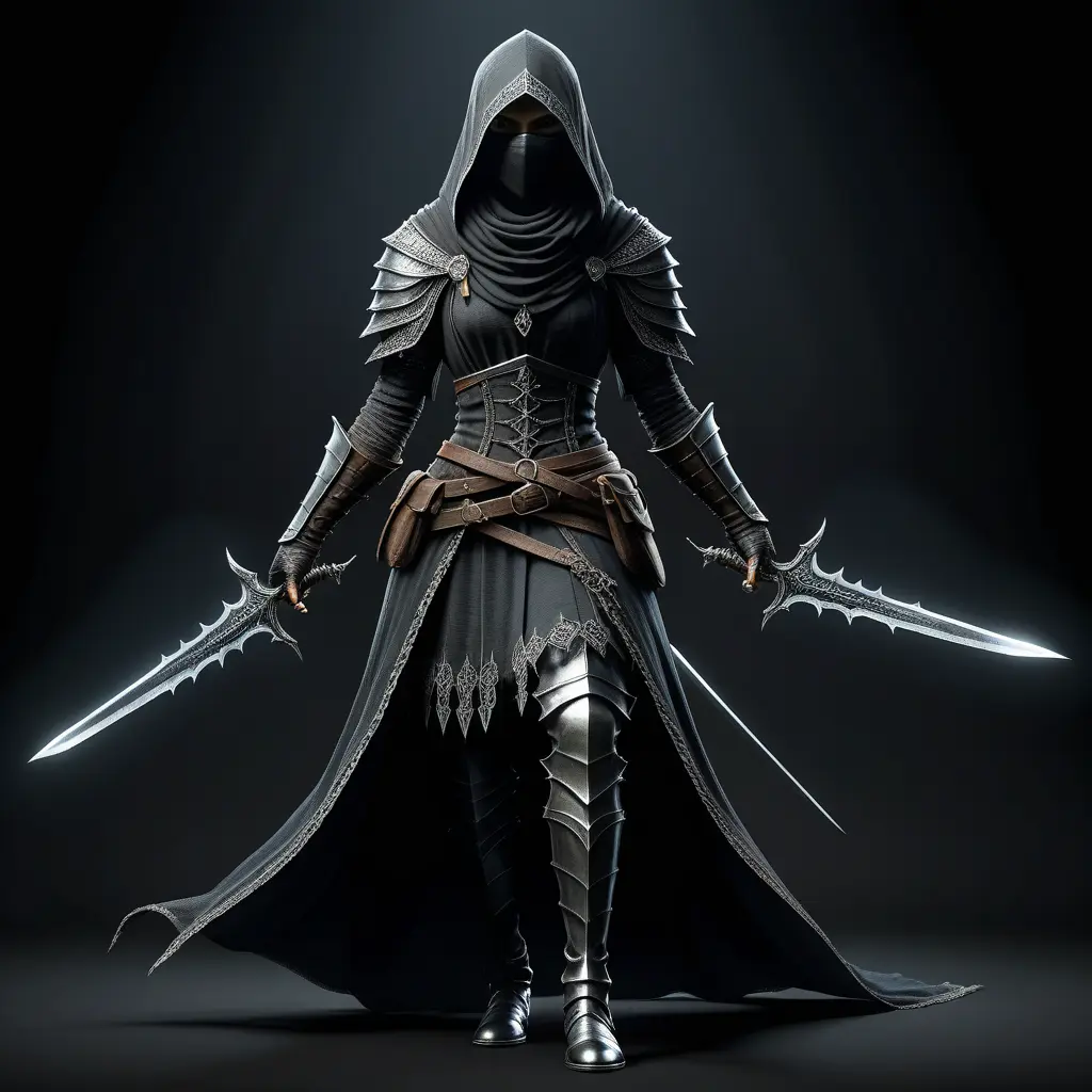 Full body portrait of a Veiled female Assassin with daggers, Highly Detailed, Dark Souls, Volumetric Lighting, Fantasy, Threatening