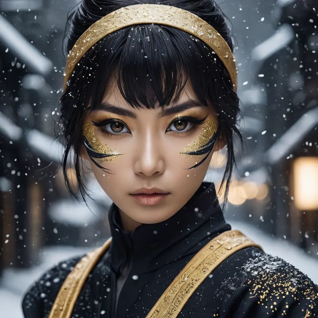 Matte portrait of a mysterious beautiful kunoichi ninja in black and gold wearing eyeliner in the streets of a dark snowy town in tokyo, fluid motion, Intricate, Half Body, Realistic, Sharp Focus, Volumetric Lighting, Elegant by Stefan Kostic