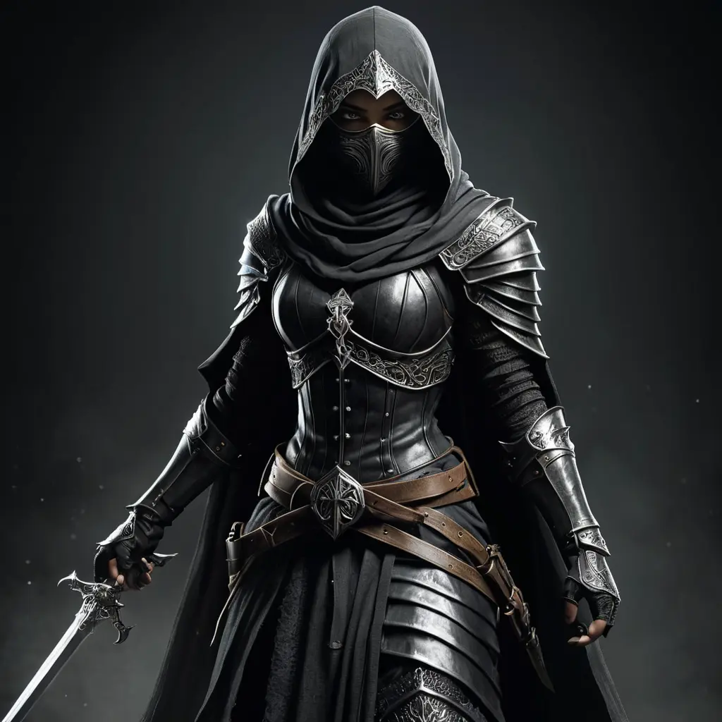 Full body portrait of a Veiled female Assassin with daggers, Highly Detailed, Dark Souls, Volumetric Lighting, Fantasy, Threatening