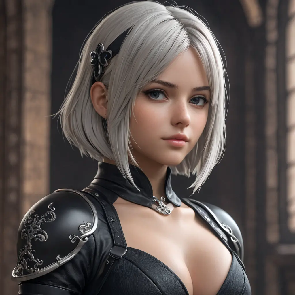 Alluring matte portrait of a beautiful A2 from Nier Automata wearing black leather, 8k, Highly Detailed, Intricate, Half Body, Realistic, Sharp Focus, Volumetric Lighting, Fantasy, Elegant by Stanley Artgerm Lau, WLOP