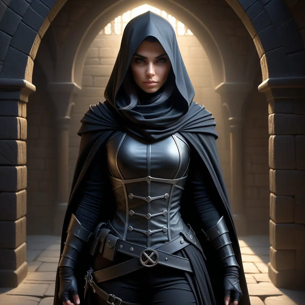 Full body matte portrait of a beautiful veiled armed female Assassin in a dungeon, Gothic and Fantasy, Volumetric Lighting, Fantasy, Threatening by Stanley Artgerm Lau